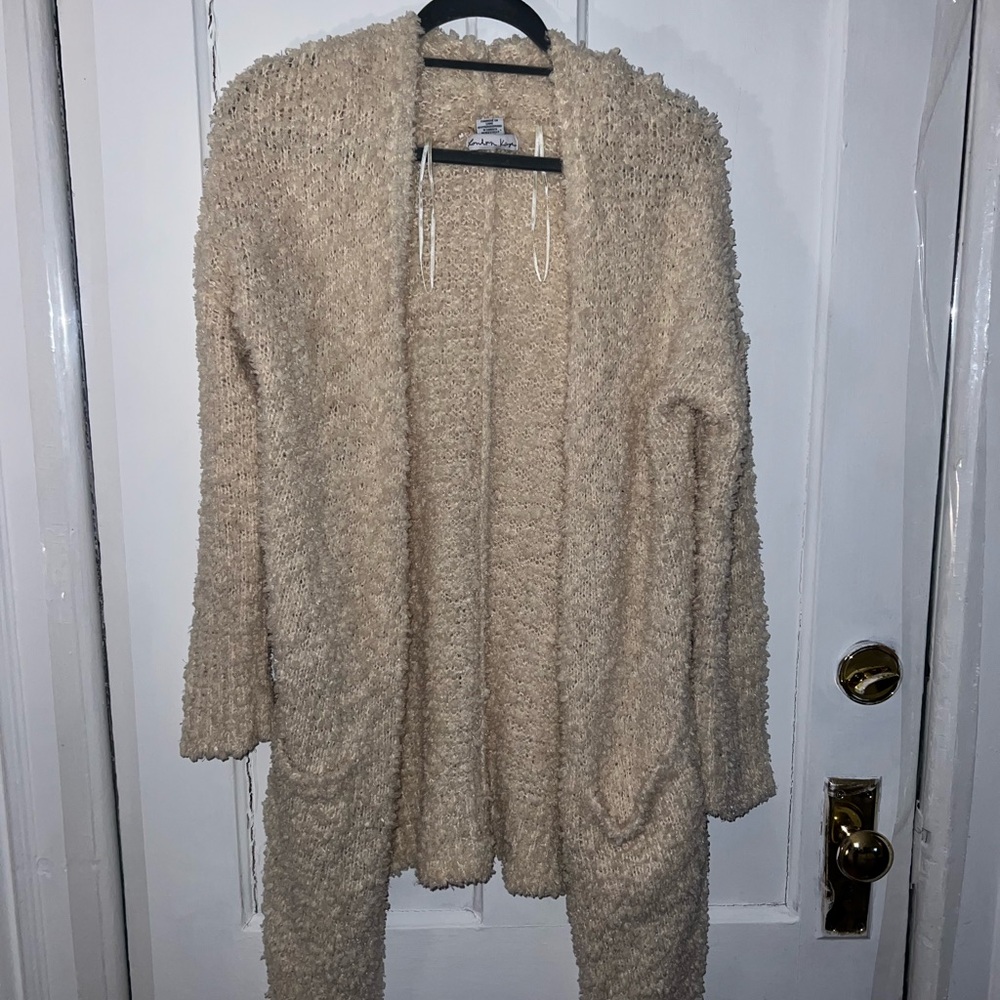 Cream Long Open-Front Cardigan Sweater